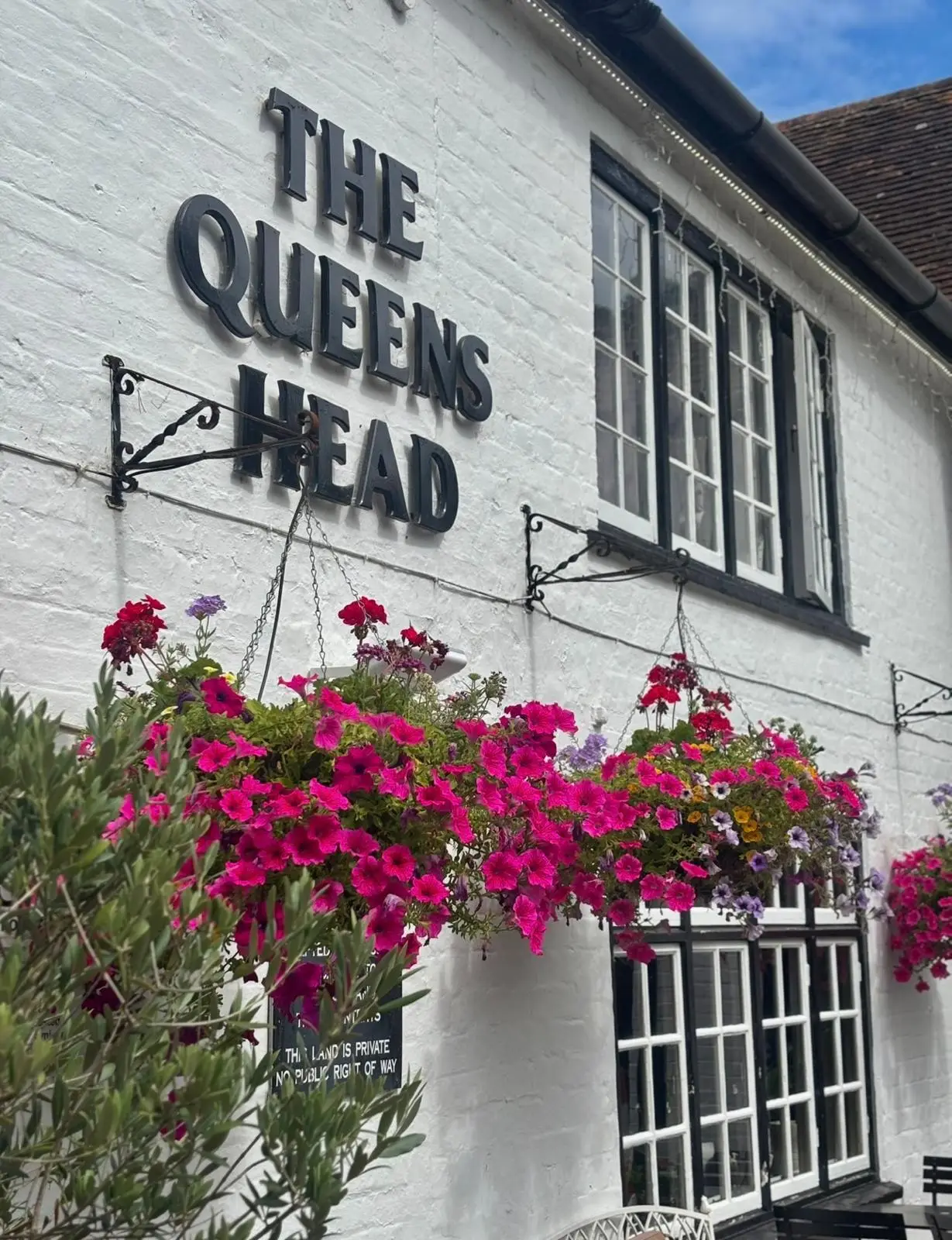 The Queens Head lettering on the pub’s white brick wall above hanging baskets of pink petunias